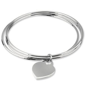 Sterling Silver Triple Bangle with Heart Charm Bracelet, 8 Inch